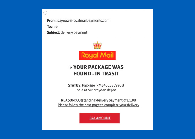 An example of a fake royal mail email used by scammers