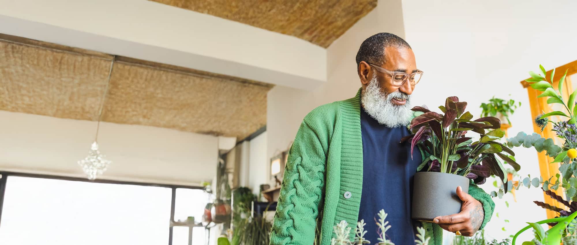 Man holding a house plant