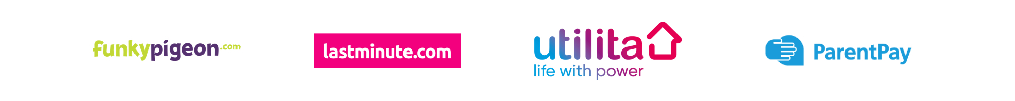 Logos for Funky Piegon, Last Minute, Utilita and ParentPay.