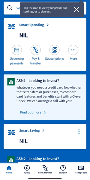 Screenshot of the Halifax app home screen.
