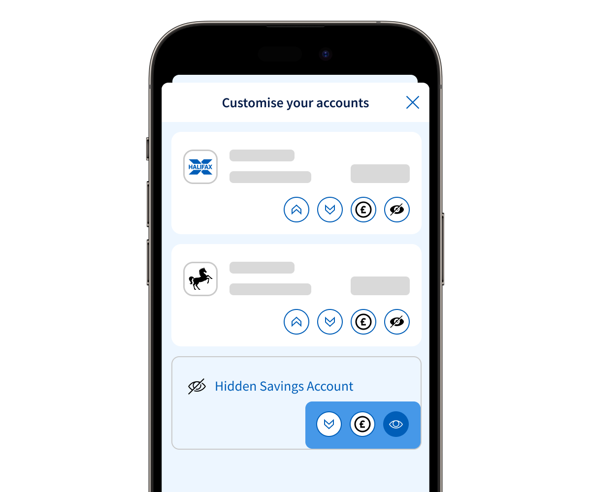 Smartphone showing the Halifax mobile banking app with accounts from Lloyds, Halifax and hidden accounts to customise your view