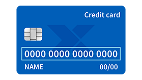 Mid-blue credit card showing dummy details in white with the credit card number highlighted