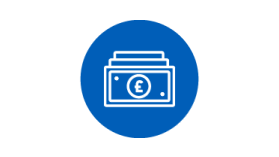 Mid-blue circle background with a white outline of a stack of pound notes in the middle