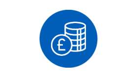 Mid-blue circle background with a white outline of a stack of pound coins in the middle