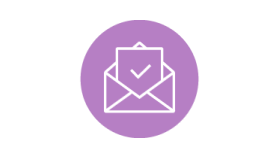 Purple circle background with a white outline of an open envelope containing a document