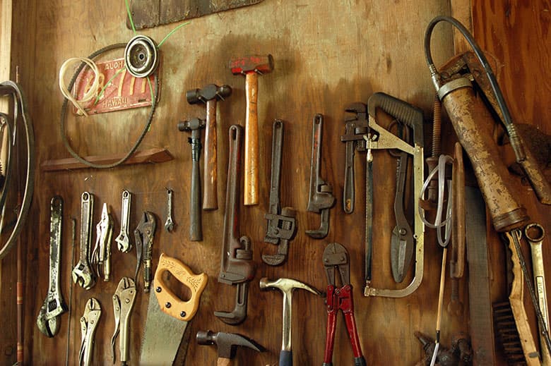 tools on wall in a shed