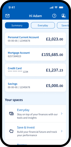 The Halifax app homepage showing the different spaces, including the Homes app.