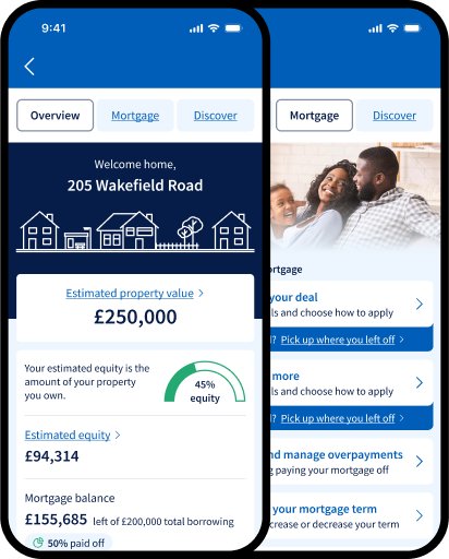 A mobile app screen showing a mortgage customer's estimated property value and estimated equity.
