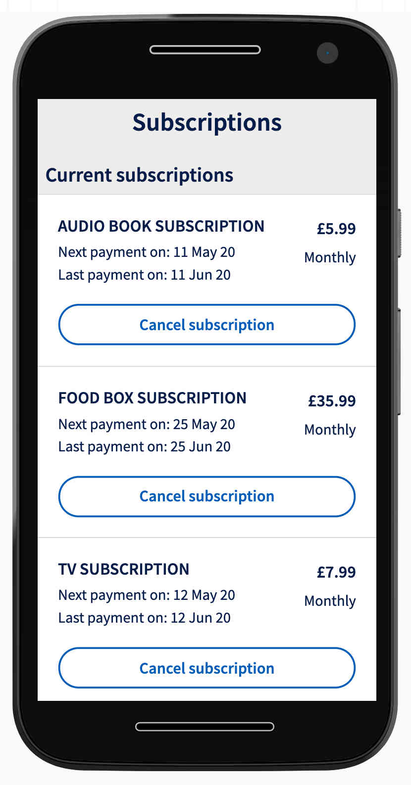 Screenshot of mobile app subscription screen