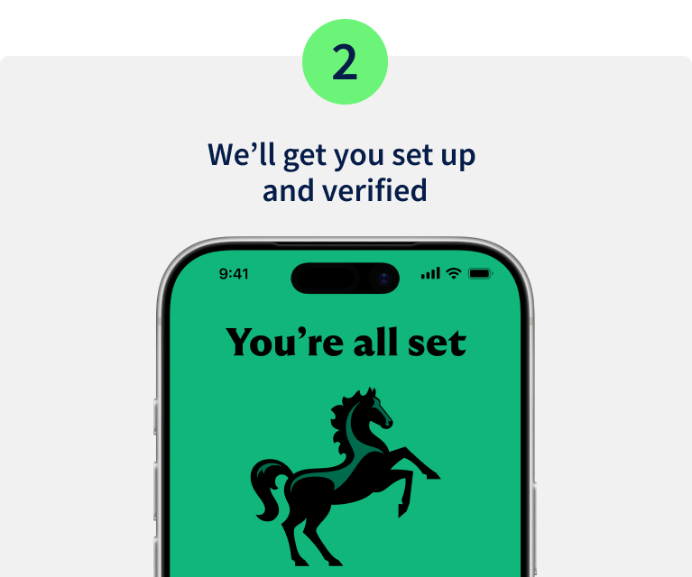 Step 2. We'll get you set up and verified. Image of mobile phone displaying the Lloyds logo with the message You're all set.