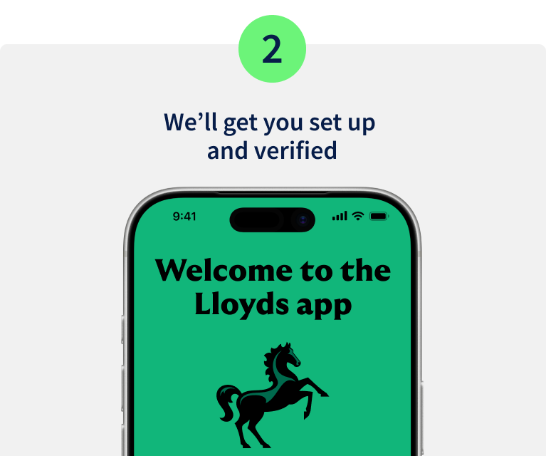 Step 2. We'll get you set up and verified. Image of mobile phone displaying the Lloyds logo with the message You're all set.