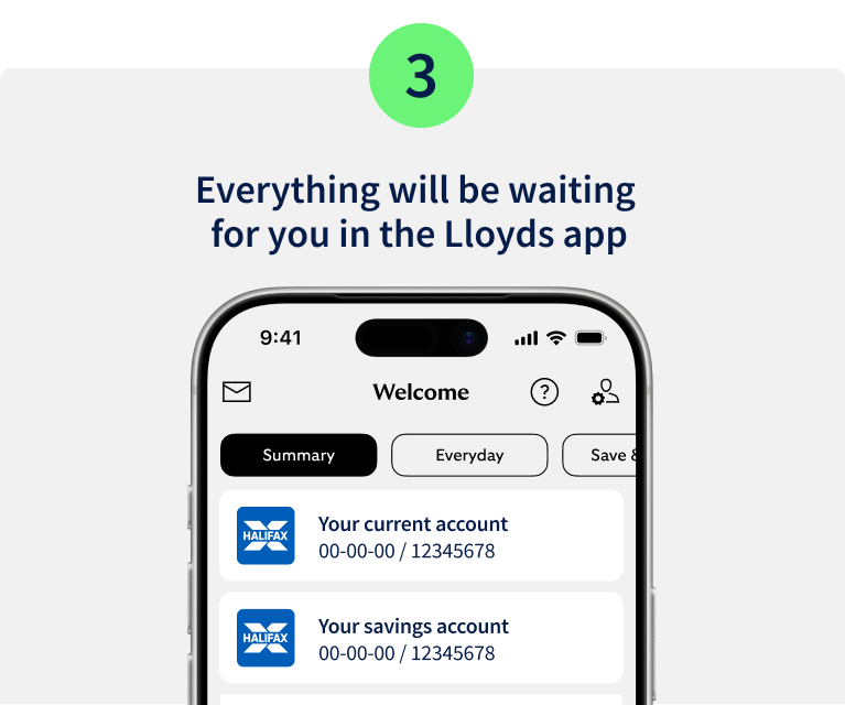 Step 3. Everything will be waiting for you in the Lloyds app. Image of mobile phone displaying Halifax accounts in the Lloyds app.