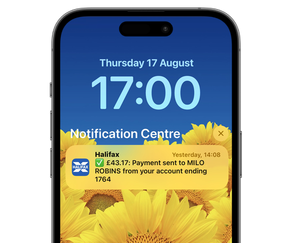 Mobile phone showing banking notification.